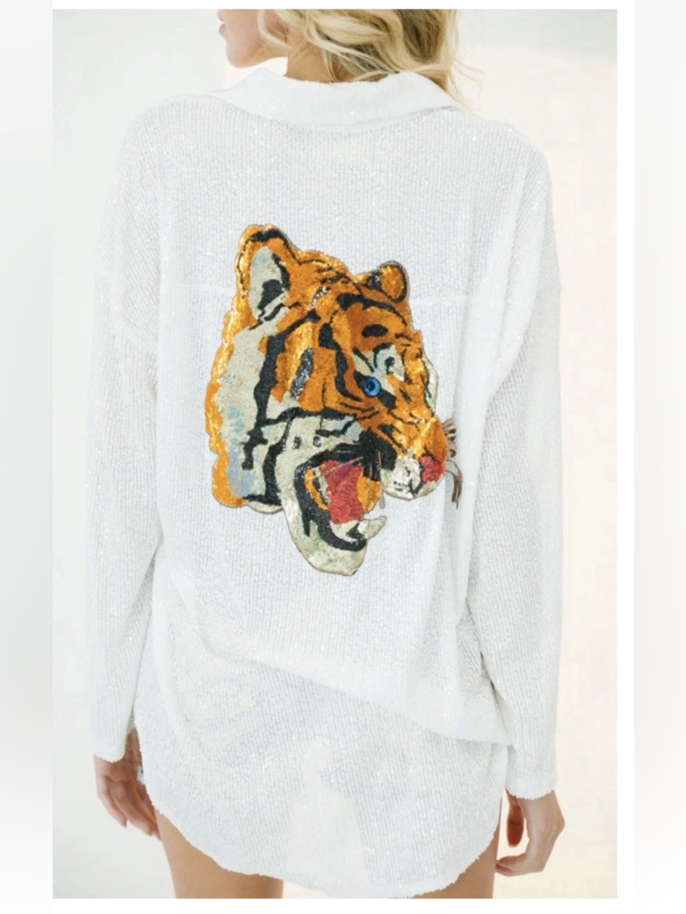 Judith March White Sequin Cardigan with Embroidered Tiger